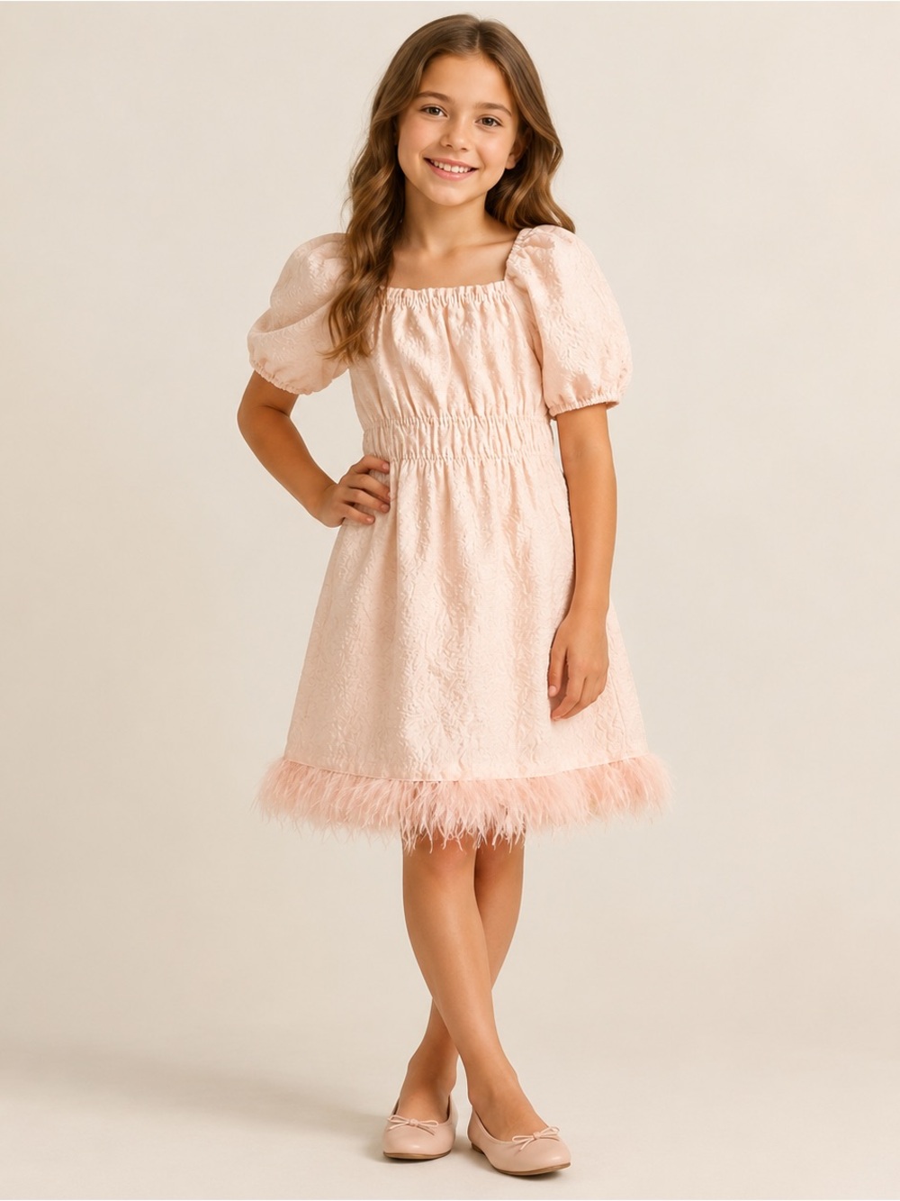 GB Girls Blush Pink Jacquard Feather Trim Party Dress Girls Size Medium